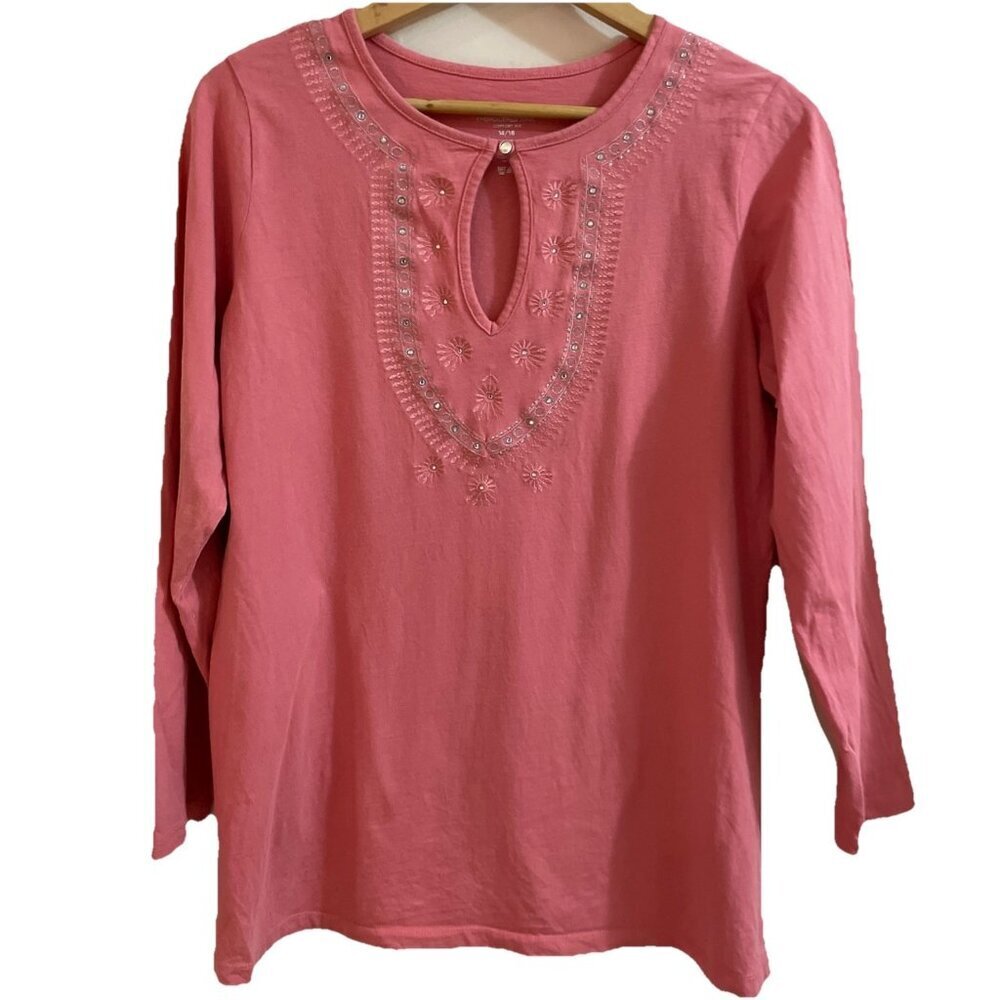Avenue Women's Embroidered Tunic Size 14/16 Salmon 100% Cotton Sequin Boho